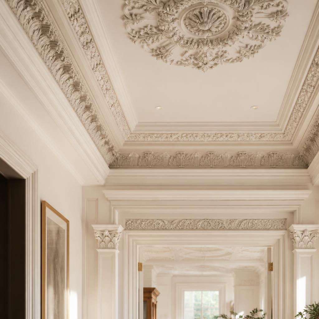Elegante Innenräume mit filigranem Zierstuck, Stuckleisten und Deckenrosette